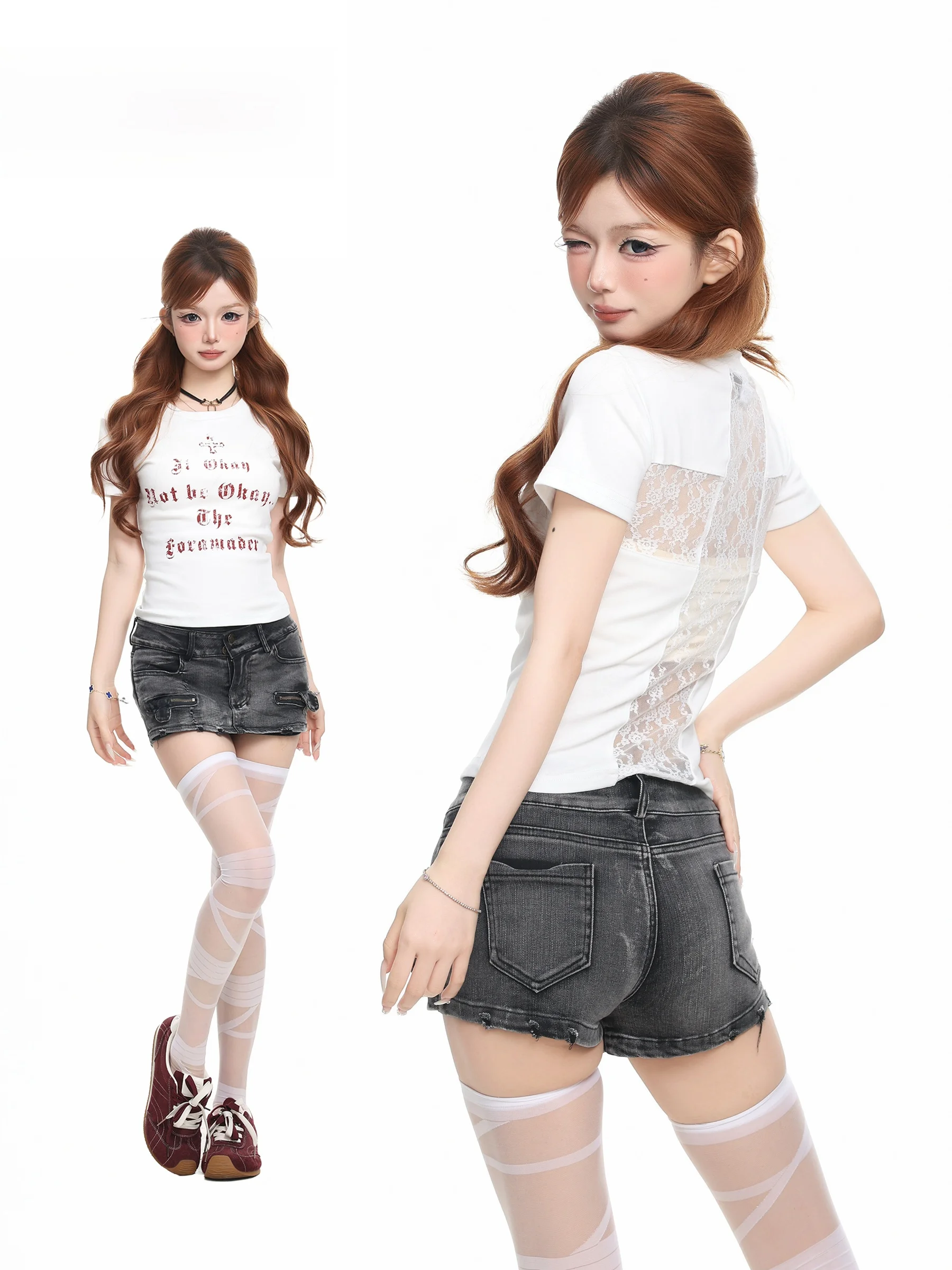 BASTERDS American Style Short Sleeve T-Shirt Women's Lace Hollow out Slim Fit Summer Top Crossbody Print Cotton Polyester