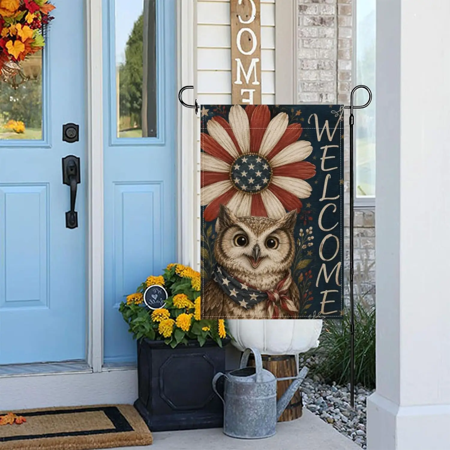 Fun Owl Patriotic Garden Flag 12x18Inch,Rustic Americana Welcome Yard Outdoor Decor,Cute Animal Vintage Farmhouse Red White jjp