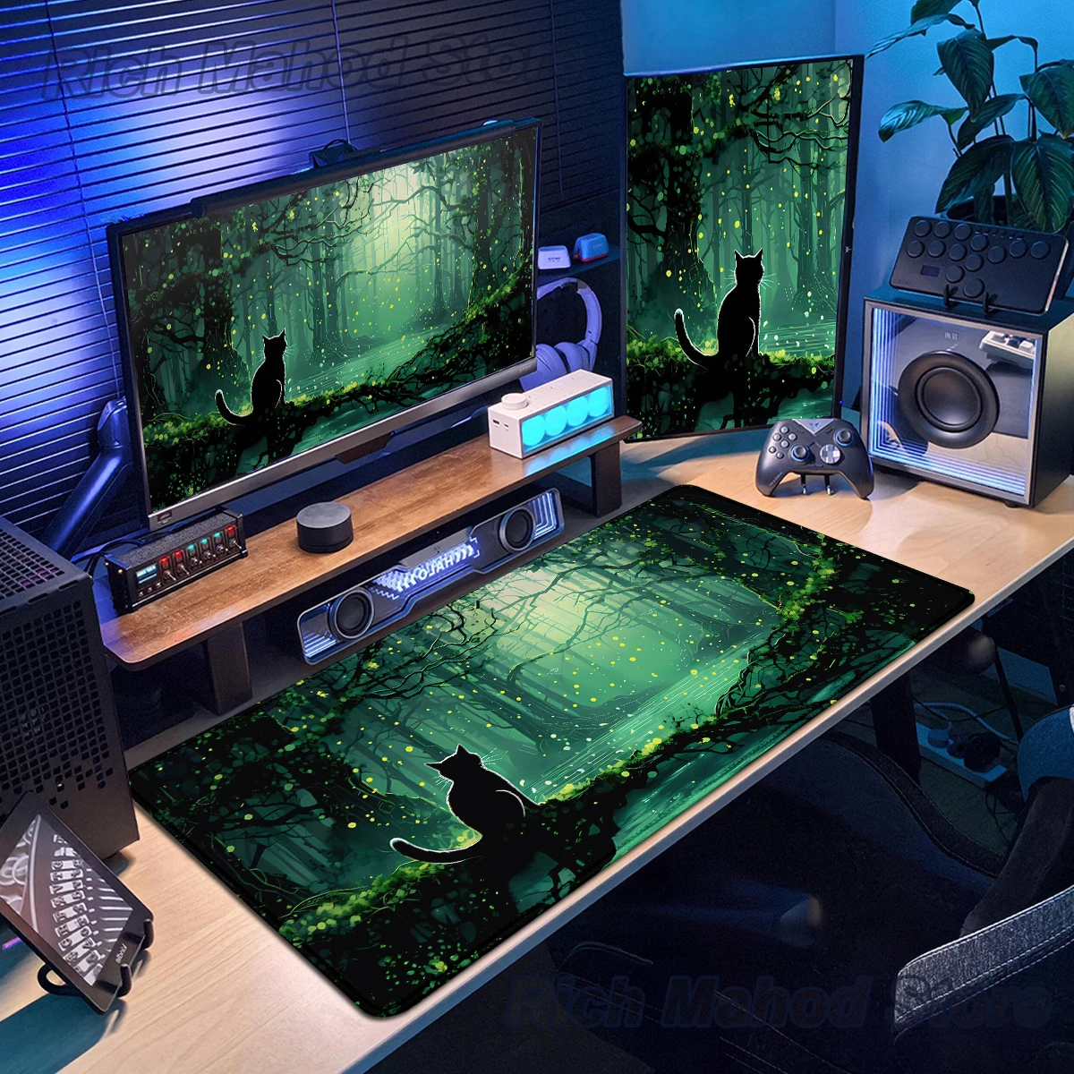 

Large Desk Mat Cute Black Cat with Green Plant Kawaii Anime Mouse Pad Gaming Rug Aesthetic Office Decoration Natural Rubber Pads