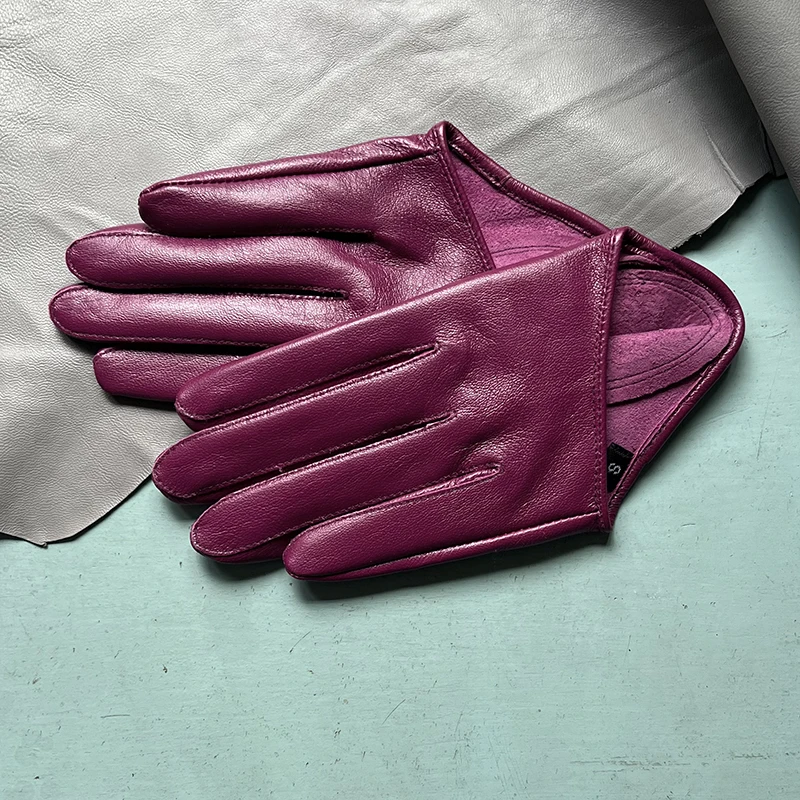 Guantes de piel de oveja a la moda para mujer, guantes de cuero de media palma, hermosos guantes de conducción de color ciruela