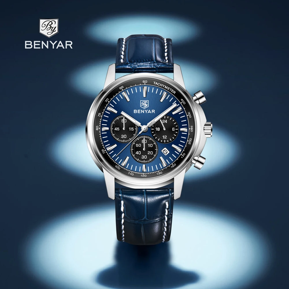 

Новинка 202, мужские часы BENYAR, роскошные кварцевые наручные часы, скоростной хронограф, спортивные часы для мужчин, кожаные водонепроницаемые светящиеся часы