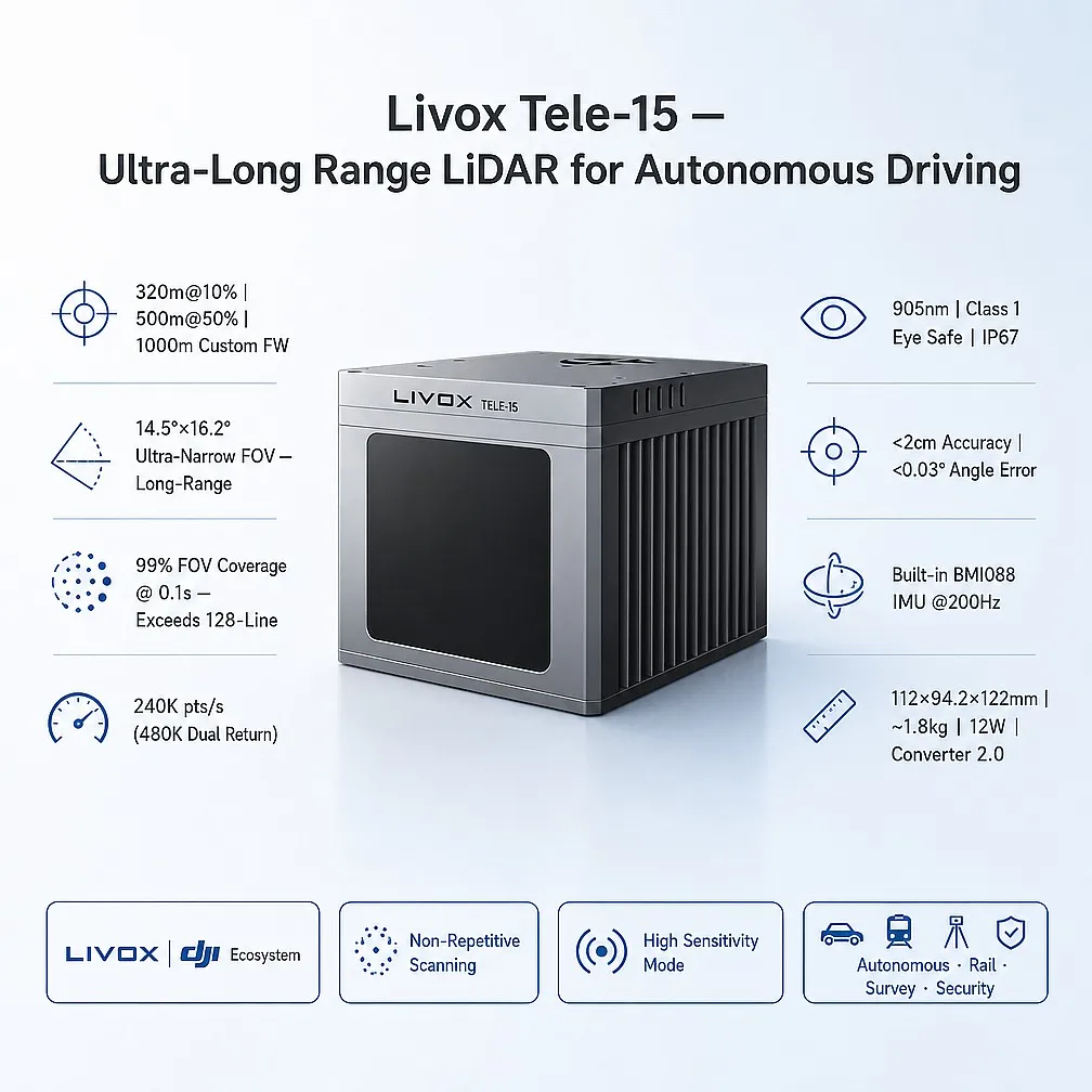Livoxs Tele-15 LiDAR Sensor Multi-Laser DL Pack Technology-500m Long Range High Precision IP67 Dual Return BMI088 IMU Autonomous