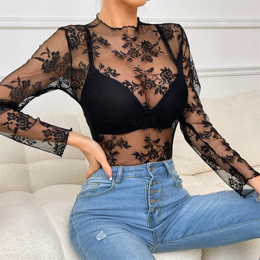 

Lace Corset Top Women Sexy Cut-out Female's Victoria Perspective with Long Sleeve Base Shirt Floral Bustier Corset