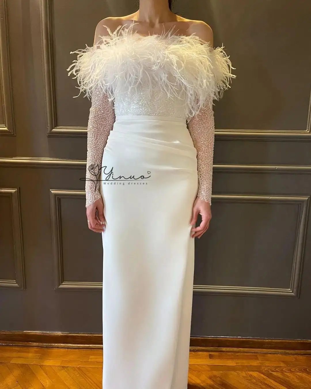 customized   Long Sleeves Prom Dresses Sequins Feathers Party Gowns Special Vestidos De Fiesta Evening Dress Formal Dress