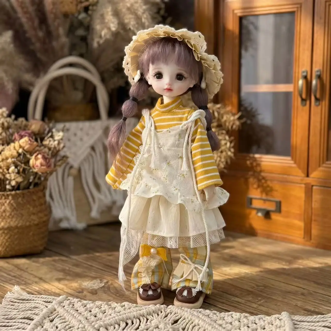 Mint Floral Blouse Green Plaid Flared Pants Doll Clothes Floral Lace Headwear Mesh Apron Light Summer Outfit for 30Cm 1/6 Doll