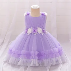 Wedding Floral Party Lace Dresses For Girls Baby Tutu Birthday Princess Gown Toddler Elegant Purple Summer Dress Infant Costumes