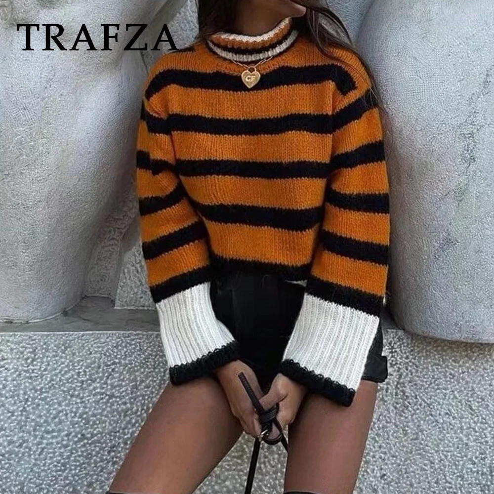 TRAFZA Fashion 2024 Autumn Striped Patch Orange Pullover Turtleneck Oversized Streetwear Women Sweater Winter Casual Knitwear