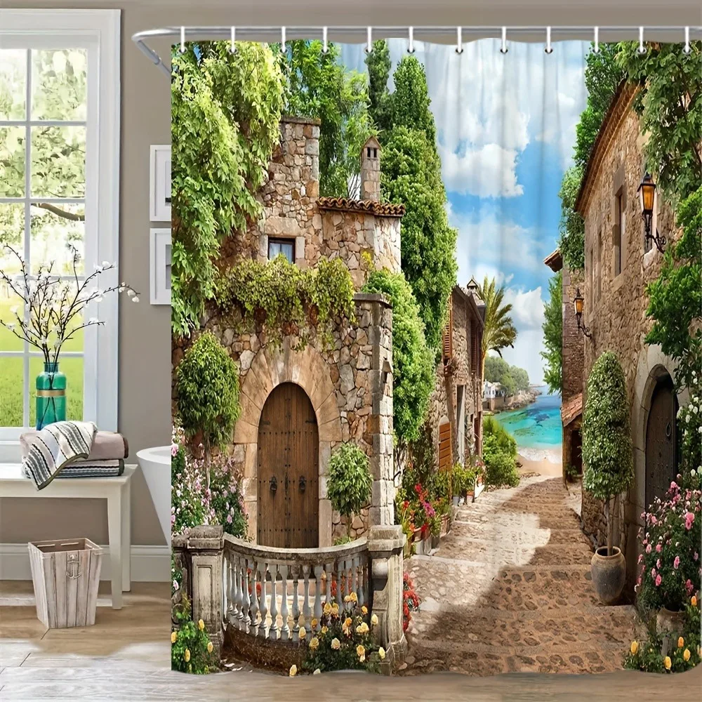

Scenes of rural streets in Italy Washable Dirt-Resistant Shower Curtain Shower Head waterproof Polyester Bath Curtain