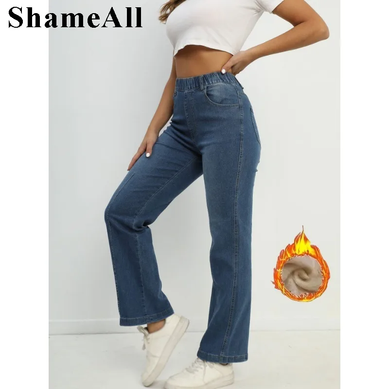 

Casual Elastic Waist Stretchy Straight Fleece Jeans Women Vintage Blue Wide Leg Baggy Denim Pants