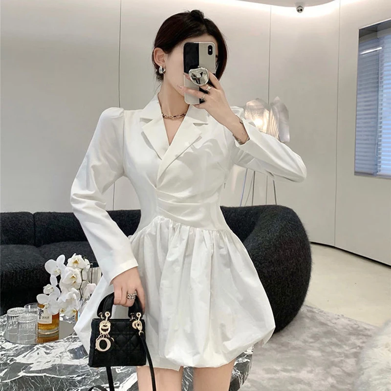 MEXZT Setelan Lengan Panjang Putih Gaun Mini Wanita Elegan Kantor Wanita Pinggang Tinggi Ramping Lipatan A Line Gaun Fashion Sederhana Vestido Baru