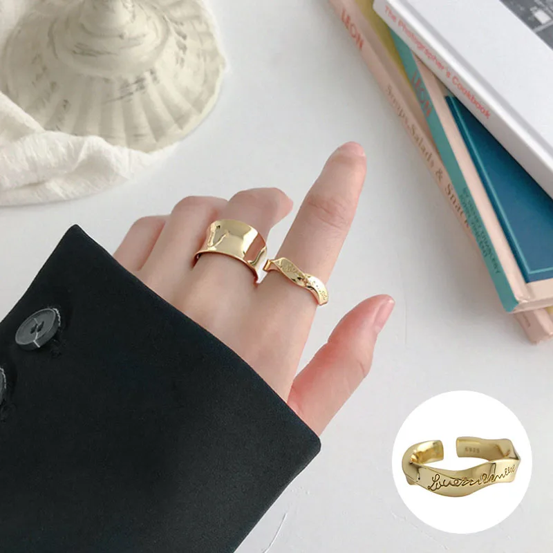 

100% 925 Sterling Silver Irregular Open Rings for Women Girl Simple Fashion Letter Design Jewelry Birthday Gift Dropshipping