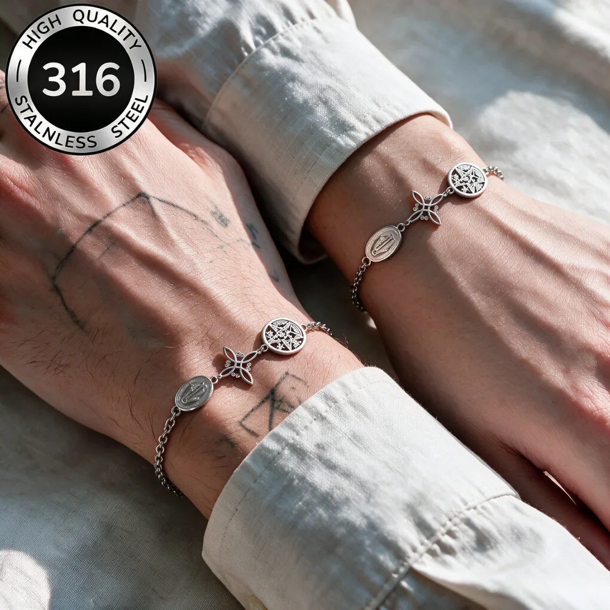 Pulsera Triple Protection Bracelet Silver Color Virgin Mary Witch Knot Pentagram Tetragrammaton Stainless Steel Wrist Jewerly