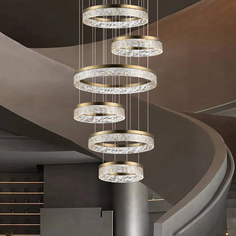 

Ice Resin Modern Copper Pendant Lights LED Big Circle Hanging Lamps for Staircase Designer Living Room Stair Home Decor Lustres