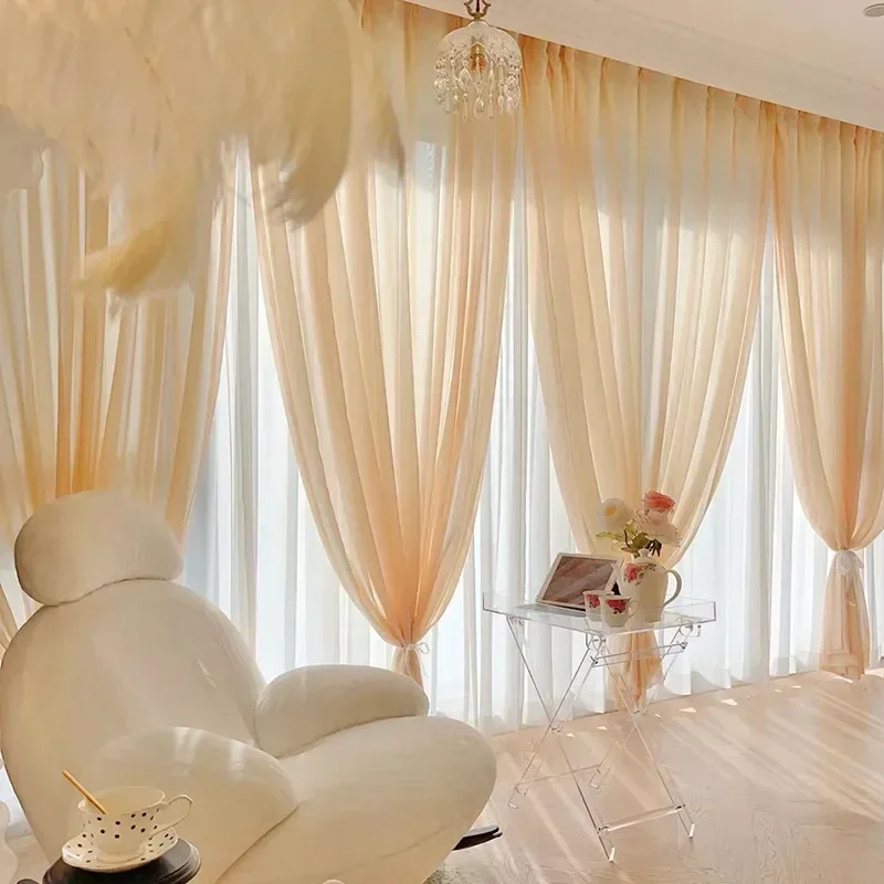 

French Chiffon Yarn Customized Milk Tea Color Girly Style Dreamy Yarn Living Room Bedroom Window Balcony Floating Window Screen