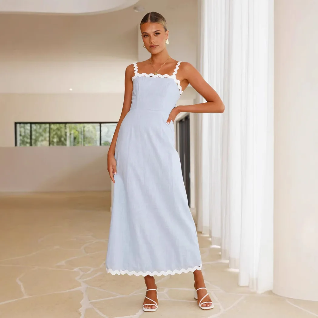 

European And American Summer New Women's Clothing Fashion Slim And Thin Solid Color Lace Suspender Long Dress