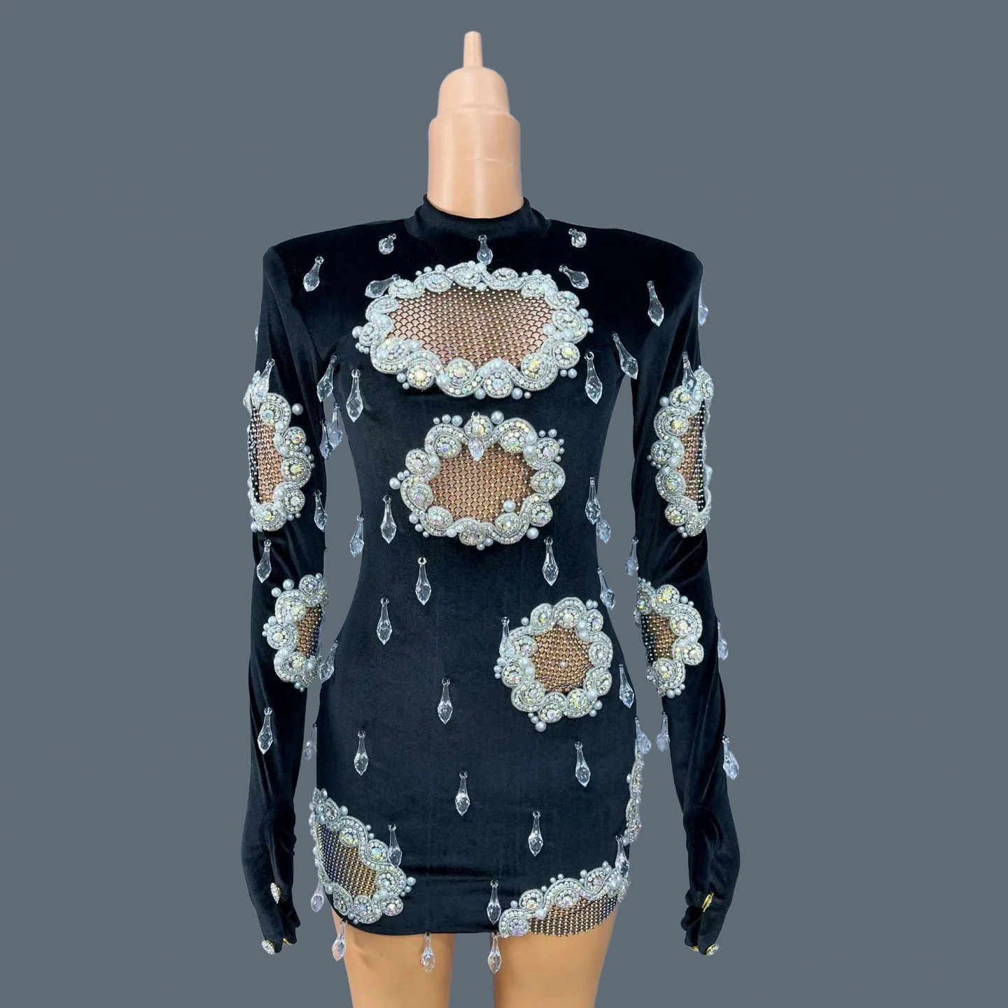 

Black Velvet Mini Dress With Gloves 3D Crystals Mesh Hollow Out Cocktail Dress High-end Elegant Women Party Outfit Xiaoheifeng