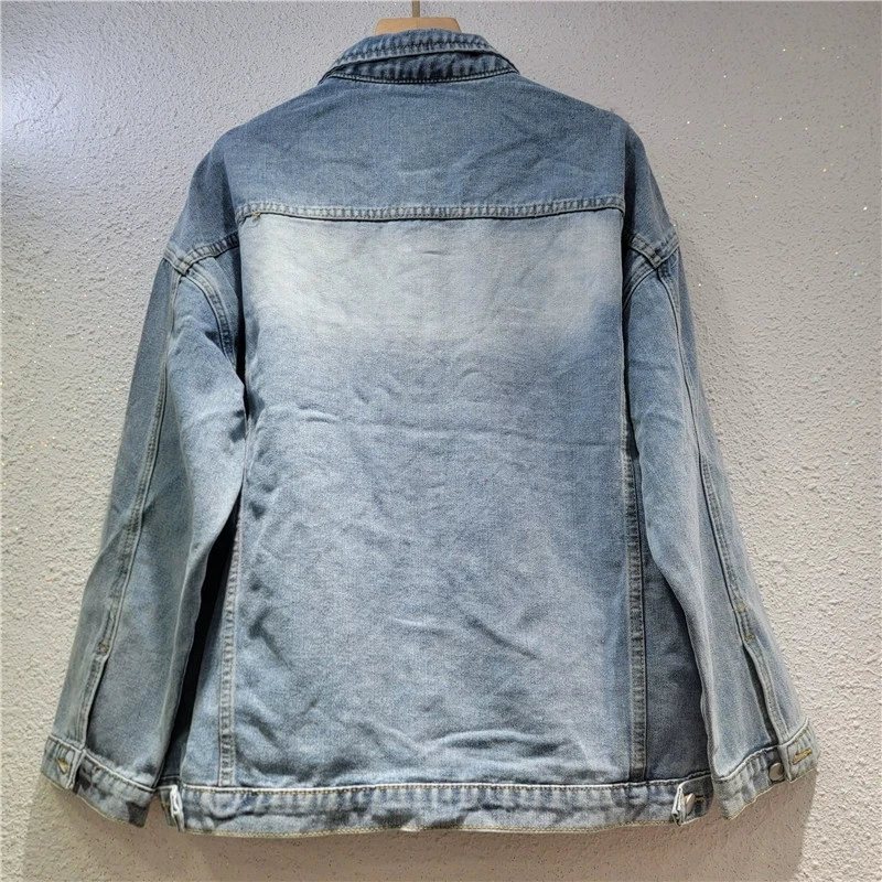 Heavy Work Pearl Beaded Mesh Flower Short Denim Jacket Women Casual Loose Lapel Long Sleeve Blue Jeans Jackets Chaqueta Mujer