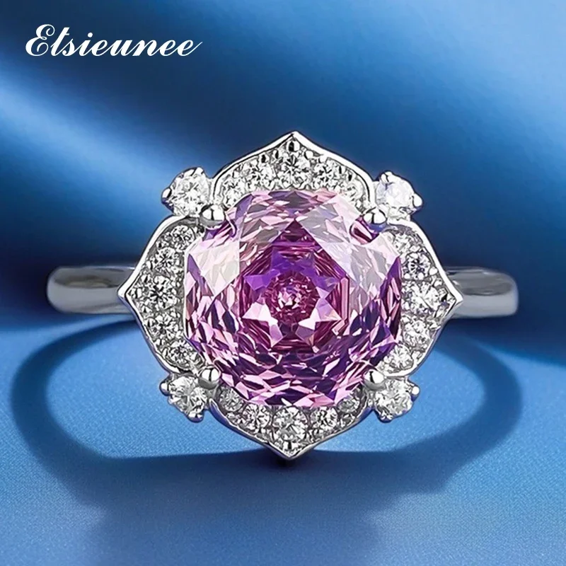 

ELSIEUNEE 100% 925 Sterling Silver 8MM Flower Created Sapphire High Carbon Diamond Gemstone Rings for Women Party Fine Jewelry