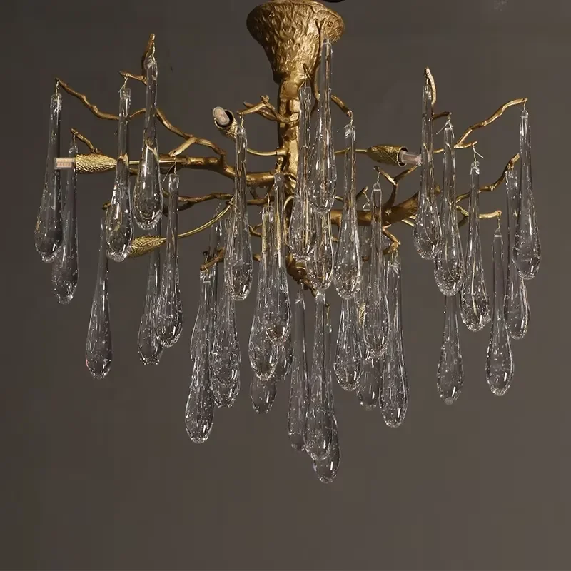 Modern Copper Crystal and Glass Pendant Light with LED Gold Finish for Home and Hotel Use