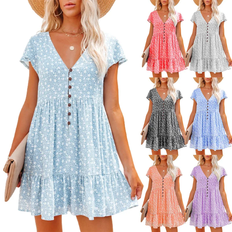 

2025 Summer New Women's Short-sleeved Dress V-neck Button Small Floral Loose Fashion Pastoral Vacation Beach Mini Skirt