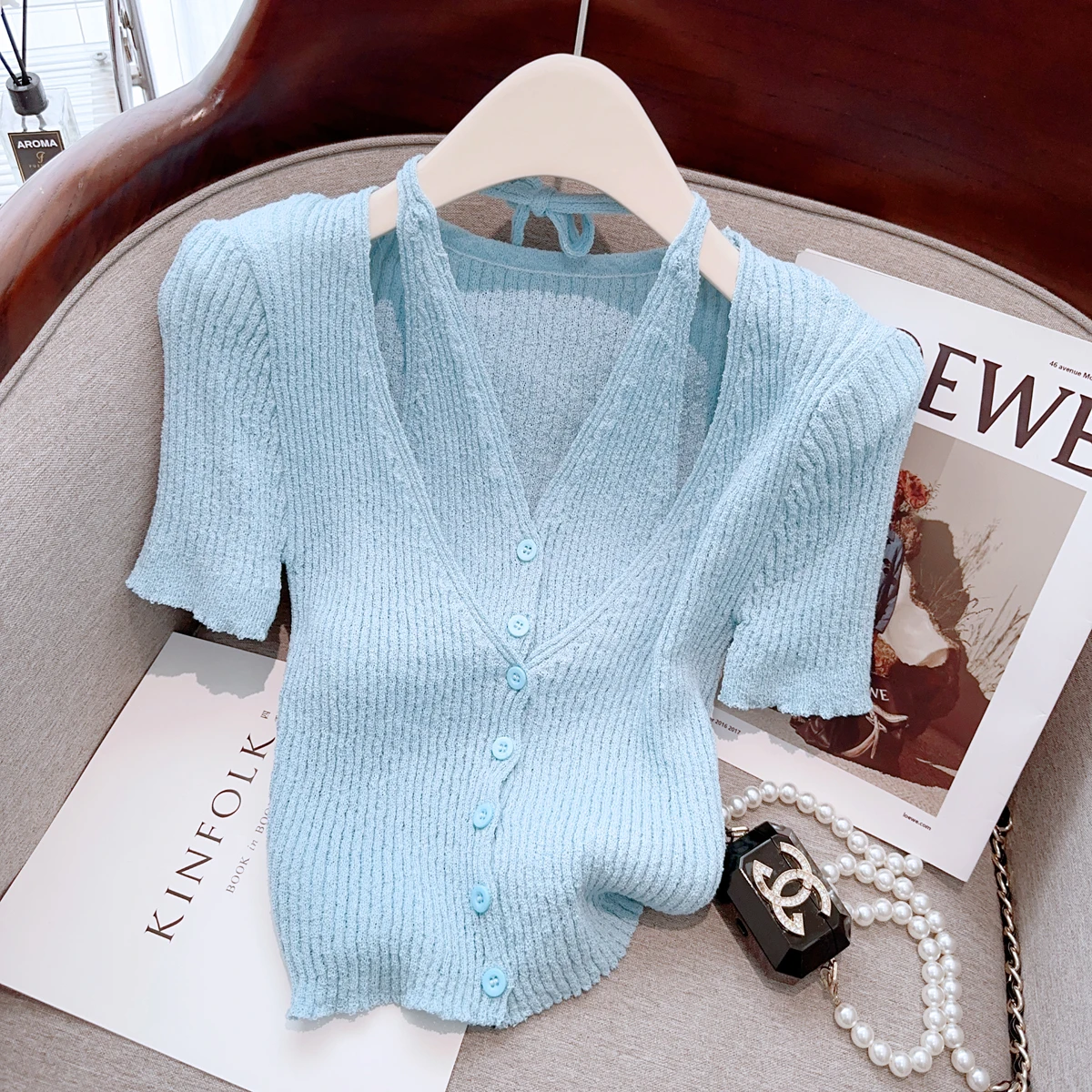 Fake Two Pieces Halter Slim Knit Sweater Tops Women 2023 Summer Short Sleeve V-neck Single-breasted Knitwear Stylish Sexy Jumper