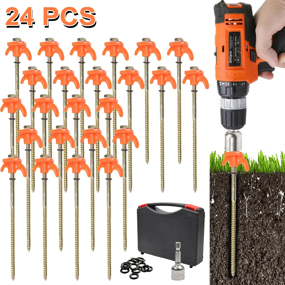 24 piquets de tente à visser, ancrages robustes pour le sol, avec embout de 13 mm et boîte, piquets de tente à manche en T fileté pour le camping, les auvents et les bâches, adaptés à la terre, à la roche, au sable, à l'argile et à la glace, anneaux en O inclus, installation facile, acier de haute qualité, outil pour pique-nique en extérieur.