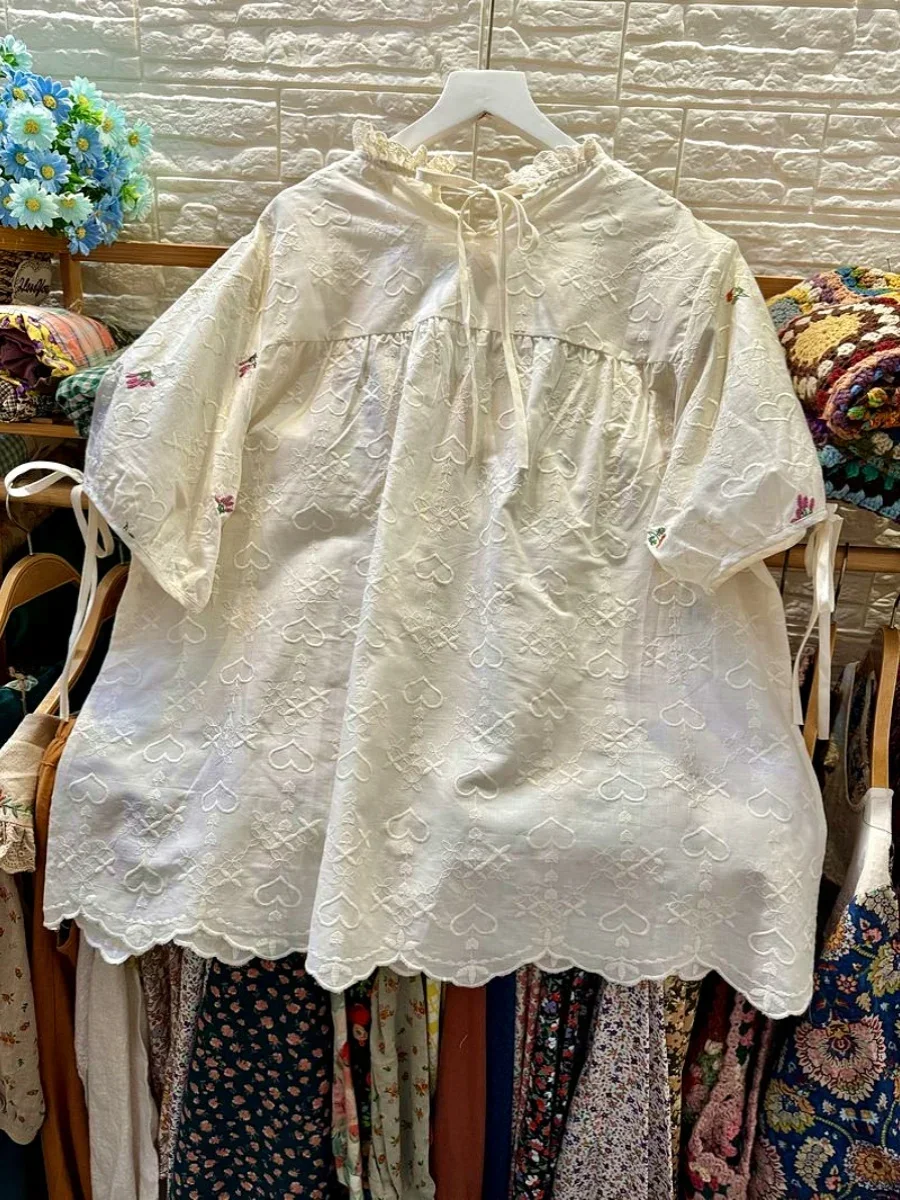 Women Summer Sweet Cotton Floral Embroidery Blouse 2024 Vintage Kawaii Cute Shabby Chic Cottage Core Lace Harajuku Shirt Tops