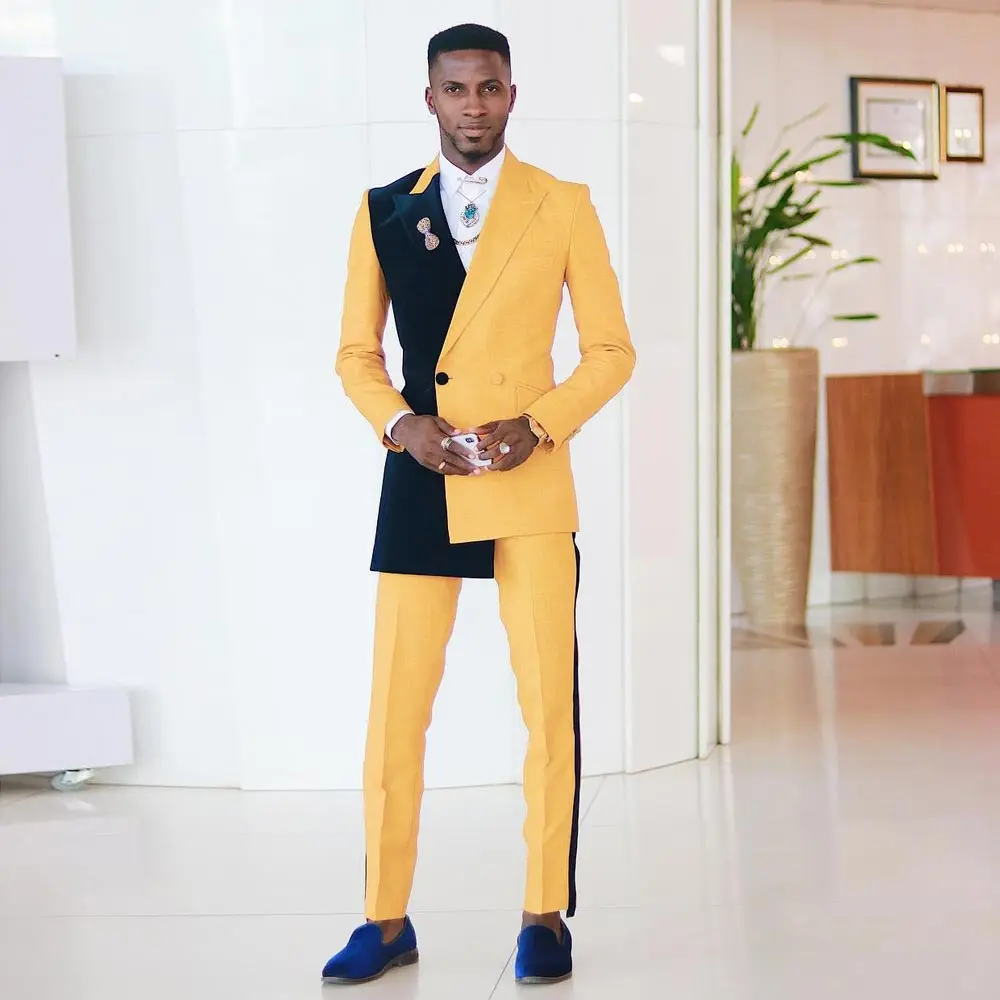 

Yellow And Black Men's Suit Double Breasted Male Blazer Sets Slim Fit Tuxedos Jacket And Pants Peaked Lapel Wedding Groom Wear