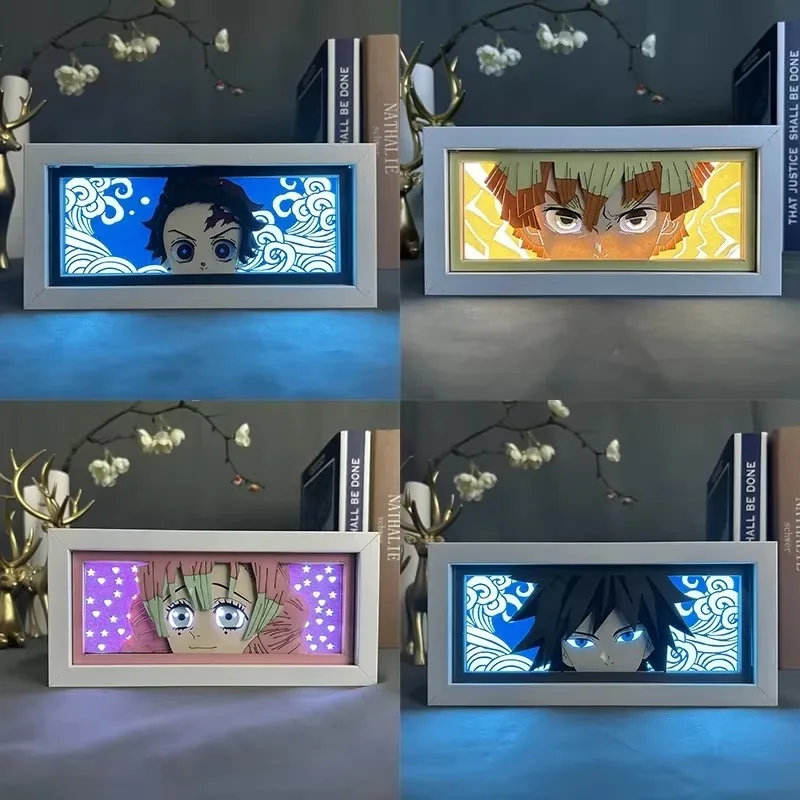 Anime Demon Slayer Paper Carving Lamp Tanjirou Giyuu Inosuke Nezuko Paper Cut Shadow Box Bedroom Decoration Led Light Toy Gifts