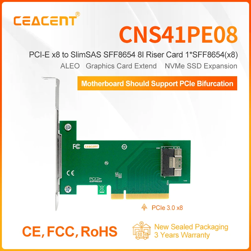 

CEACENT CNS41PE08 PCIe 3,0x8 к SFF8654 8I адаптер один порт для удлинения графической карты, ALEO и PCIe слот расширения