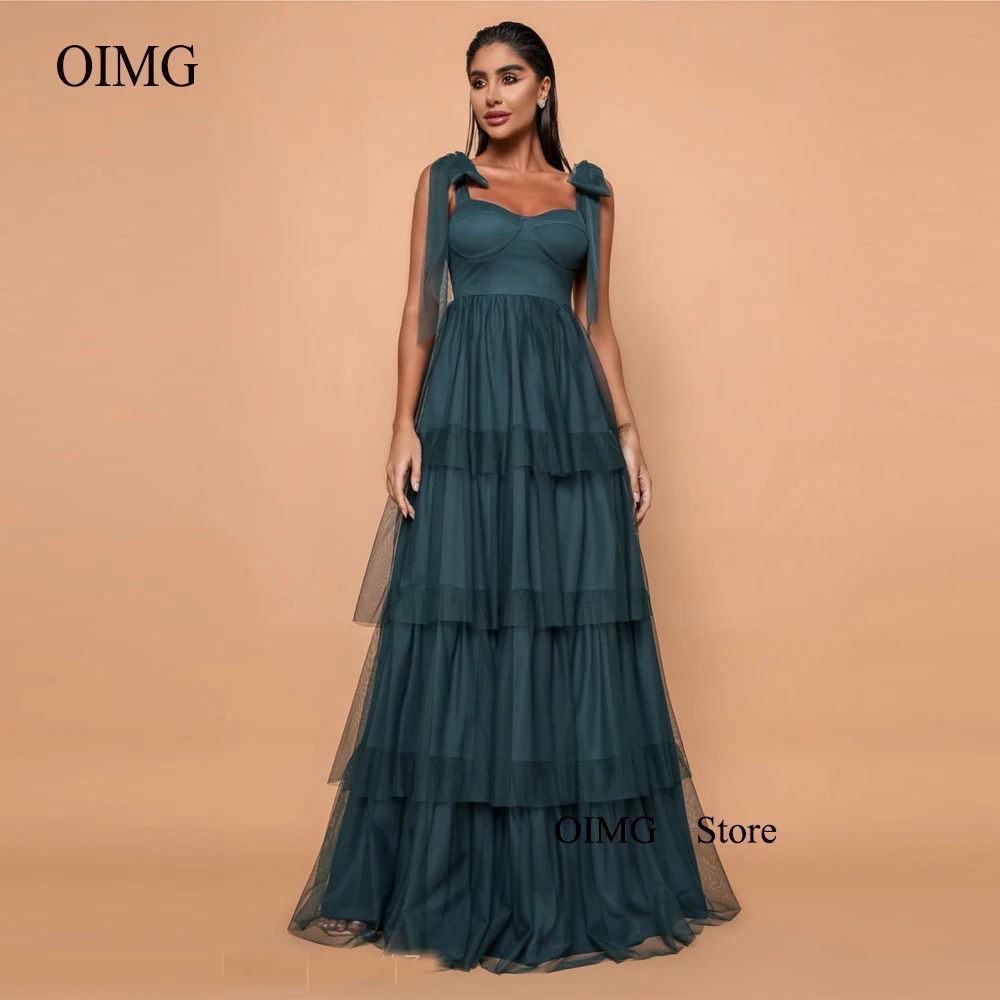 

OIMG Dark Blue Tulle Long Prom Dresses Straps Bowknot Sweetheart Tiered Skirt Arabic Women Formal Evening Gowns Party Dress