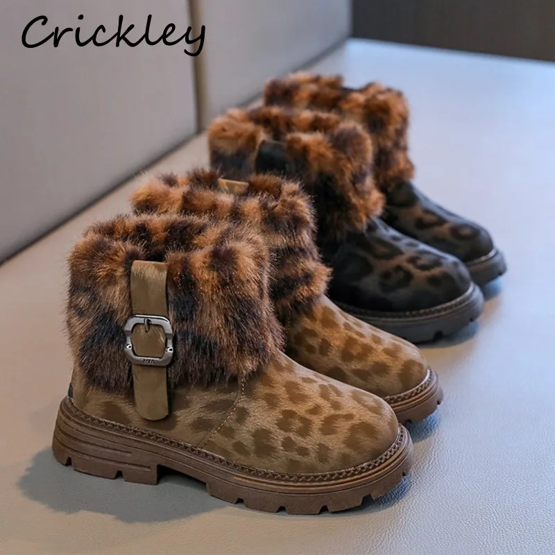 

Winter Leopard PU Girls Fashion Boots Faux Fur Plush Warm Kids Boots Design Zip Anti Slip Cotton Children Ankle Shoes