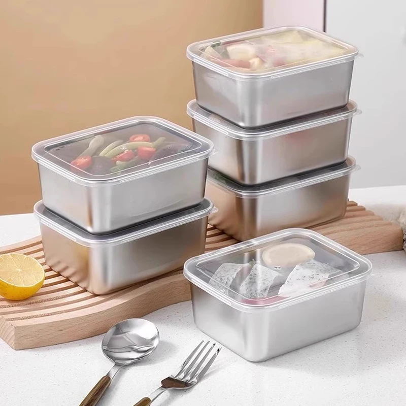 Bandeja rectangular para almacenamiento de alimentos de acero inoxidable 316, plato de fruta para fideos y salchichas con tapa, organizadores de cocina, contenedor de alimentos