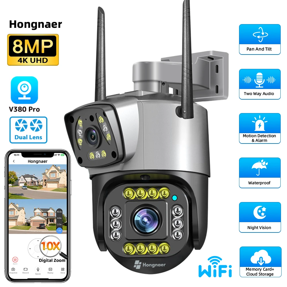 

Hongnaer V380 Pro 8MP 4K Dual Lens Outdoor Home Waterproof Night Vision IP PTZ WiFi Wireless CCTV Smart Security Camera