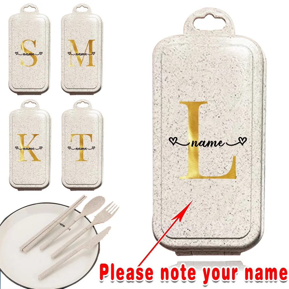 

4 Pcs Customized Name Portable Utensils Set With Box Wheat Straw Cutlery Kit Detachable Dinnerware Organizer Case Personalized