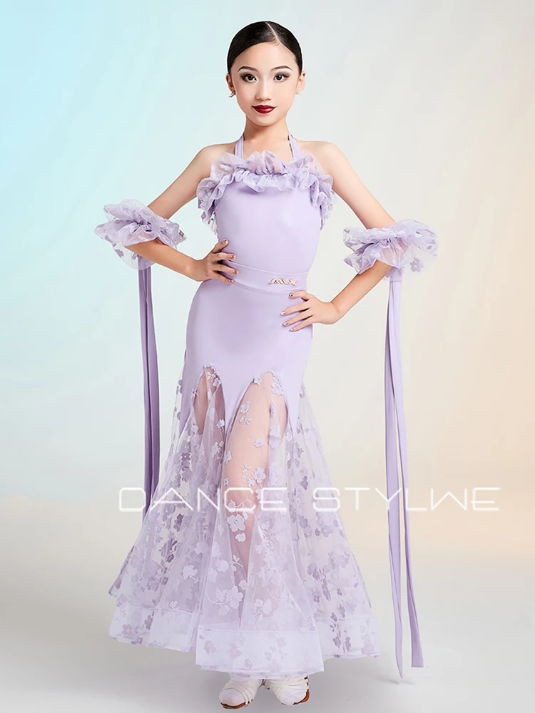 Vestido de dança de salão preto, roupas de dança modernas padrão para meninas, sem mangas, conjunto de saia, roupas de competição de valsa 2648