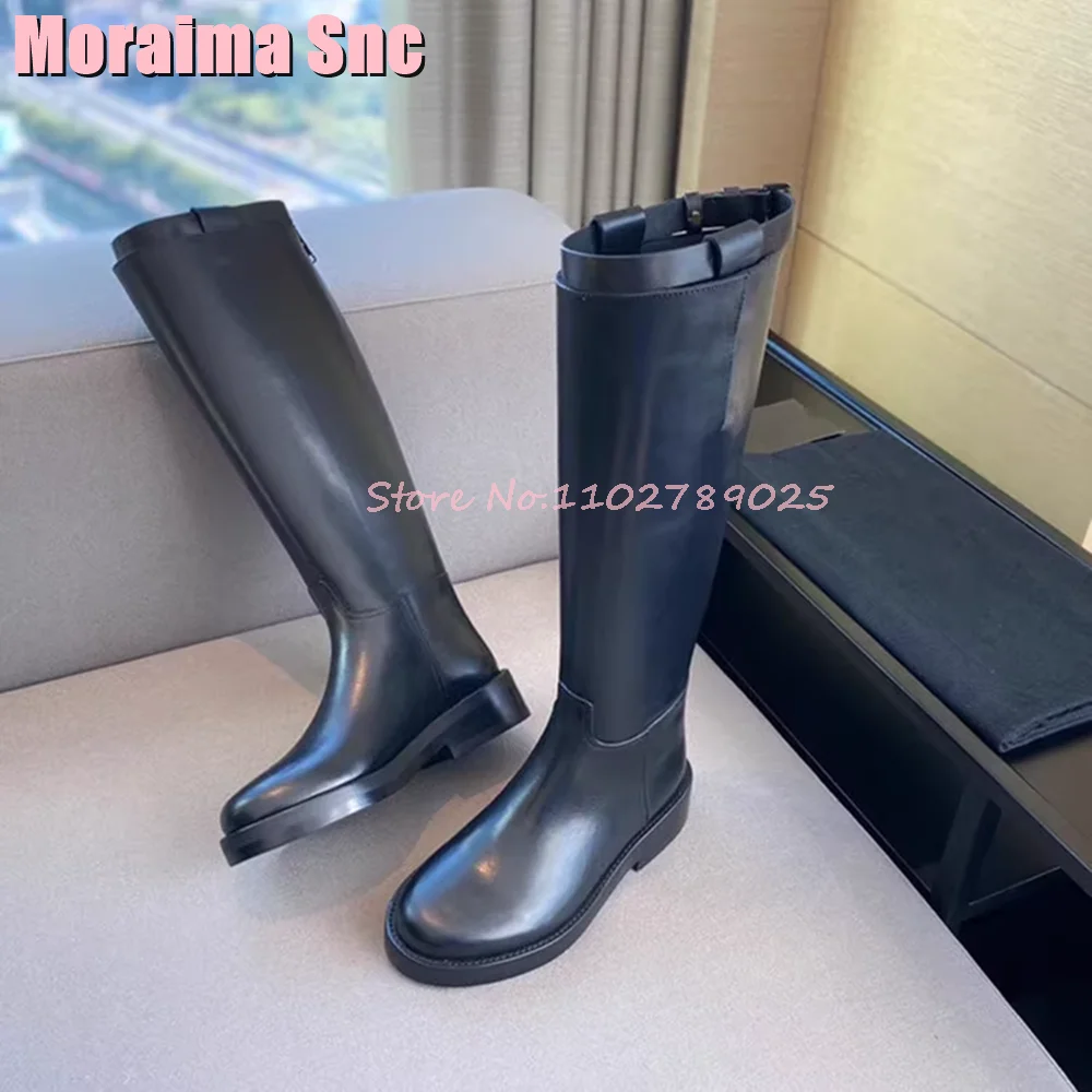 

Round Toe Belt Buckle Knee High Boots Block Mid Heel Back Zipper Black Solid Concise Style Fashion Women Long Boots Autumn 2024