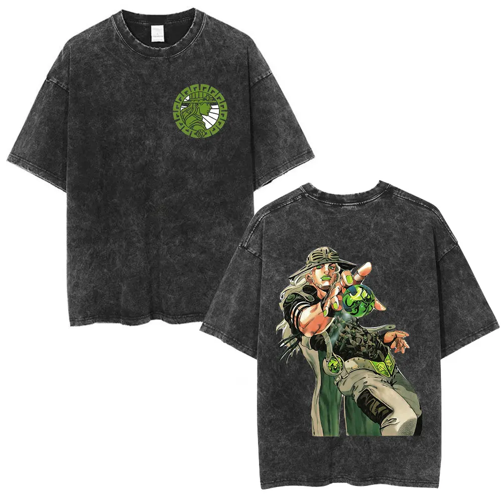 Vintage Acid Washed Anime Jojo Bizarre Adventure Johnny Joestar STEEL BALL RUN T Shirt Unisex Cotton Short Sleeves T-shirt
