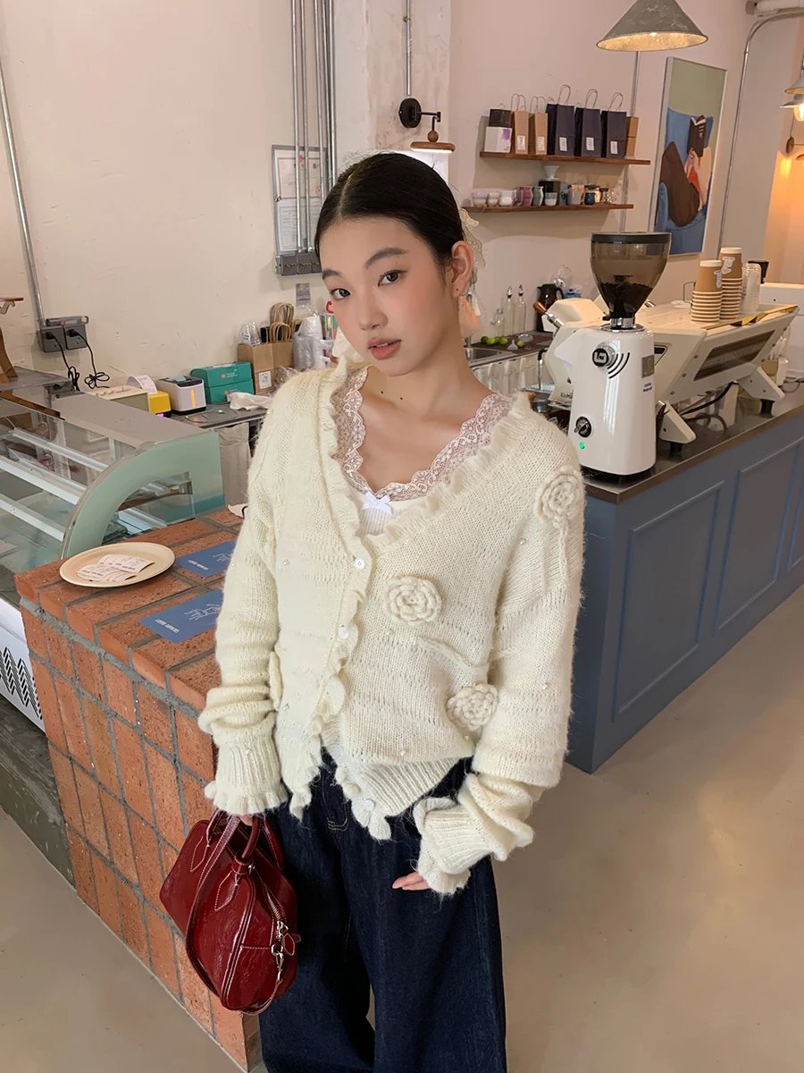 

Красный вязаный открытый кардиган знаменитостей, женский осенний 2023, новый ажурный дизайн, топ, свитер с v-образным вырезом Jaet Fem, свободный крой, повседневный...