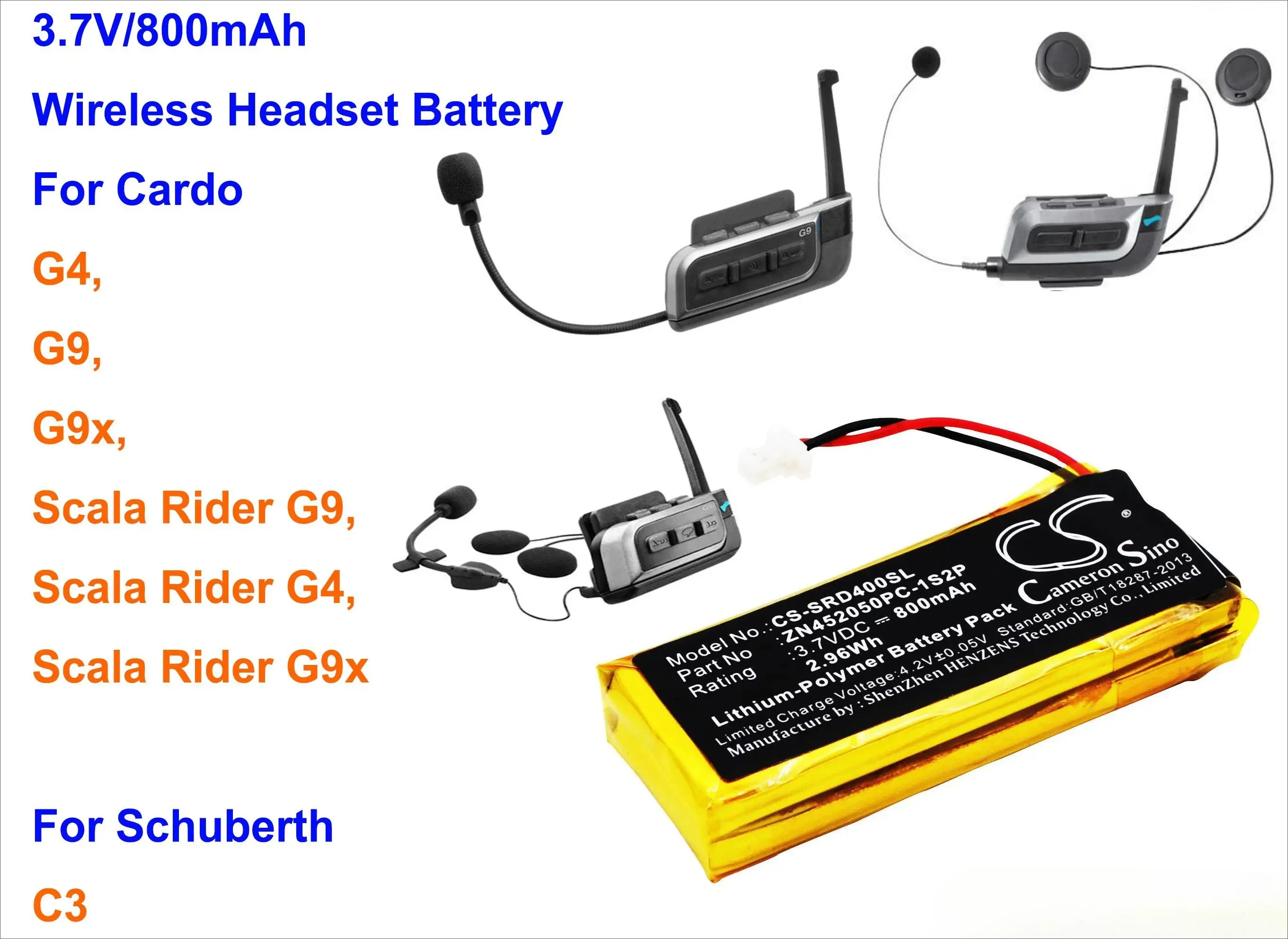 

Cameron Sino 800mAh Battery ZN452050PC-1S2P for Cardo Scala Rider G4, G9, G9x, For Schuberth C3