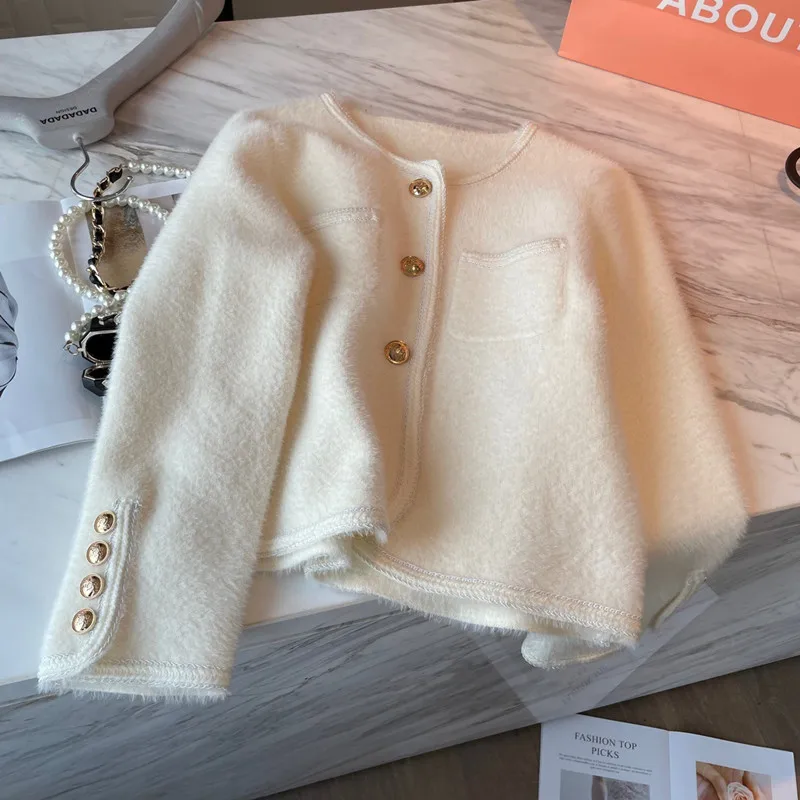 

French Style Small Fragrant Gold Button Imitation Mink Velvet Knitted Cardigan Women's Autumn Soft Waxy Sweater Jacket s422