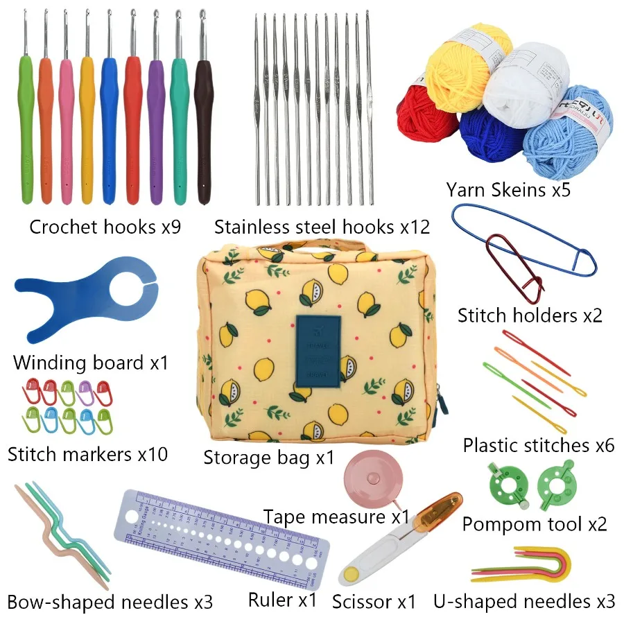 59Pcs Beginner Crochet Kit Portable DIY Full Material Set with Yarn Crochet Hooks Knitting Tools for Handmade Starters