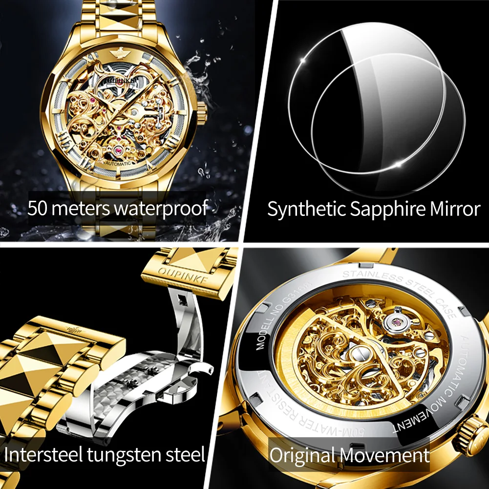 OUPINKE Original Top Brand Automatic Watch for Men Mechanical Gold Watches Skeleton Sapphire Crystal Waterproof Man Wristwatch