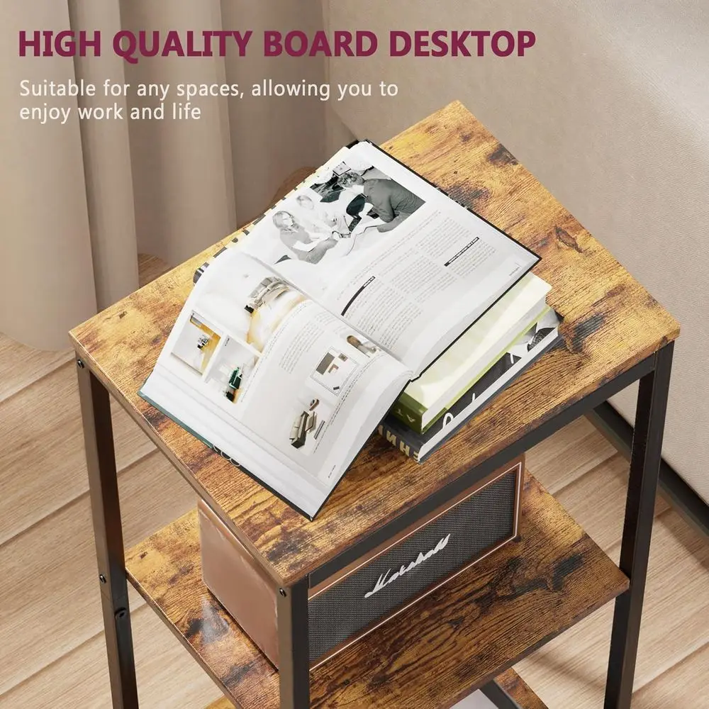 Compact 3-Tier Storage Side Table for Small Spaces, Rustic Brown Finish