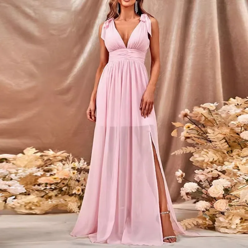 Deep V Neck Pink Dresses Women Evening Party Sleeveless Split Dress Bodycon Summer Vacation Backless Maxi Vestido Lady