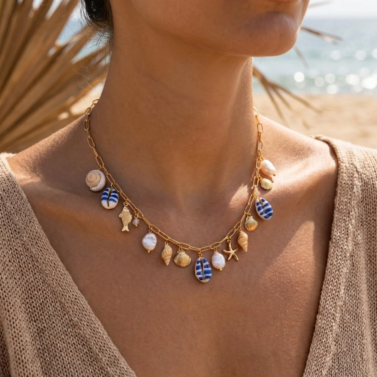 Sommerurlaub Muschel Seestern Conch Fisch Schildkröte Korallen Anhänger Halskette für Damen Herren Imitationsperlen Choker Ozean Strand Schmuck – Detail 6