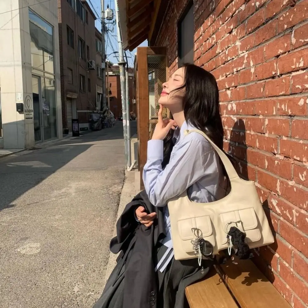 

Mini Korean Style PU Hobo Bag Handbag Huh Yunjin Same Style Pocket Boston Tote Bag Solid Color French Style Underarm Bag Girls