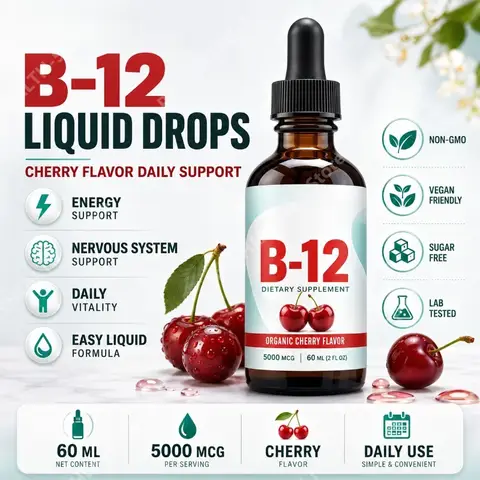 Vitamin B12 Sublingual Liquid Drops 5000mcg Methylcobalamin Cherry Flavor Vegan Sugar Free Non GMO Wellness Supplement 60ml