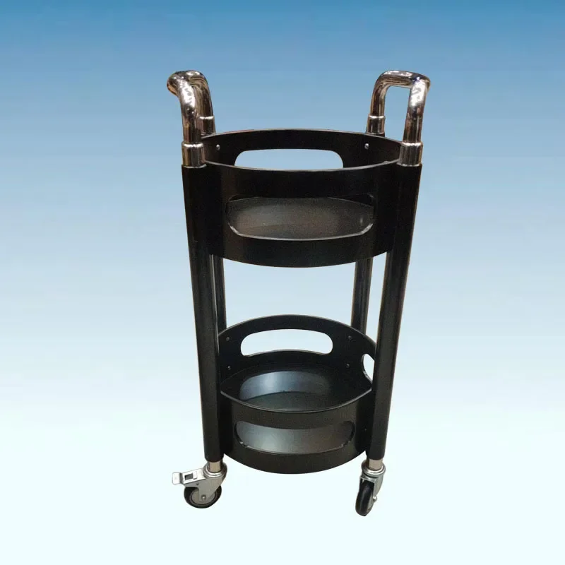 Manufacturers supply luxury wine trucks, modern simple black double-layer round wine trucks, hotel mobile trolleys