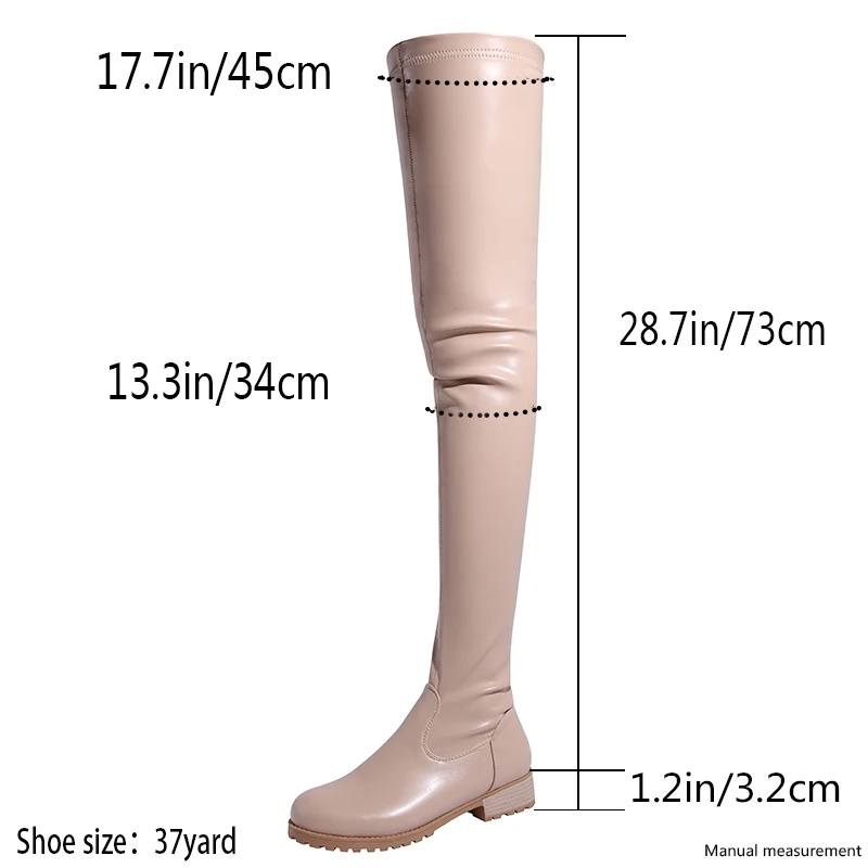 2024 Black Low Heels Women Over The Knee Boots Autumn Winter Elastic Thigh High Boots Big Size 46 Round Toe Pu Comfortable Shoes